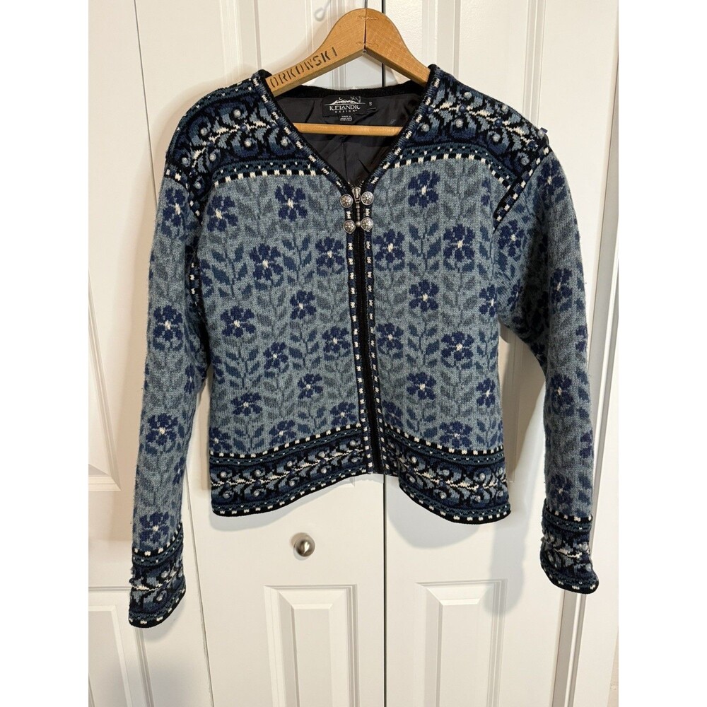 Icelandic Design Jacket Womens Small Blue Wool Embroidered Floral Full Zip